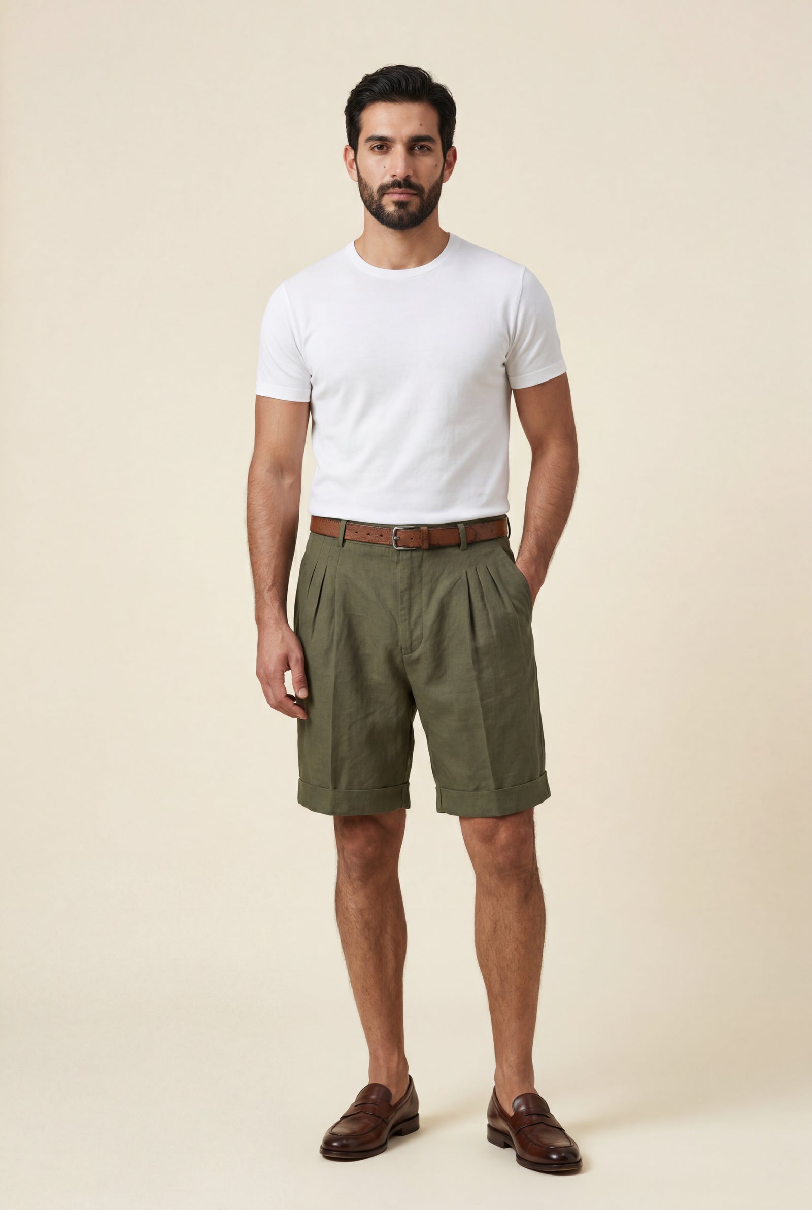 Green Men's Pleated Front Tailored Above-Knee Shorts - Casual shorts - Photo 5