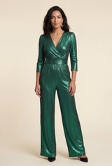 Green Metallic Wide Leg Wrap Jumpsuit with Three-quarter Sleeves - Wide leg jumpsuit - Photo 1