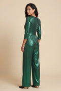 Green Metallic Wide Leg Wrap Jumpsuit with Three-quarter Sleeves - Wide leg jumpsuit - Photo 3