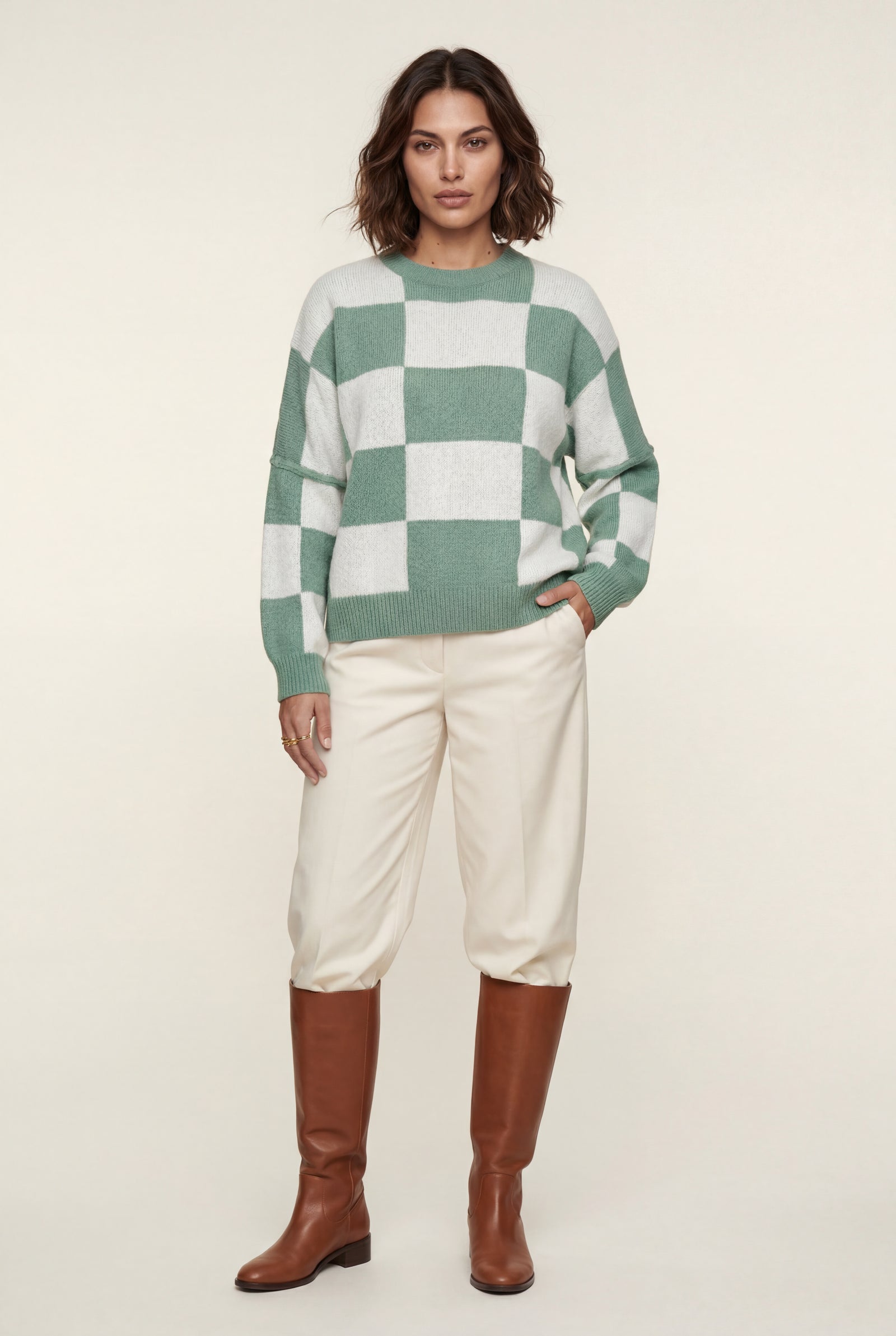 Green Oversized Checkered Crewneck Chunky Sweater - Oversized sweater - Photo 20