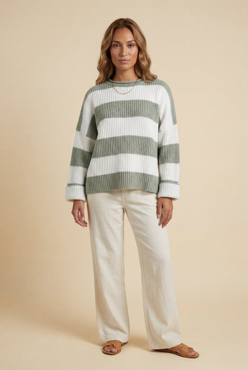 Green Oversized Chunky Striped Crewneck Sweater - Knit sweaters - Photo 1