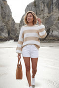 Beige Oversized Chunky Striped Crewneck Sweater - Knit sweaters - Photo 5