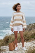 Beige Oversized Chunky Striped Crewneck Sweater - Knit sweaters - Photo 8