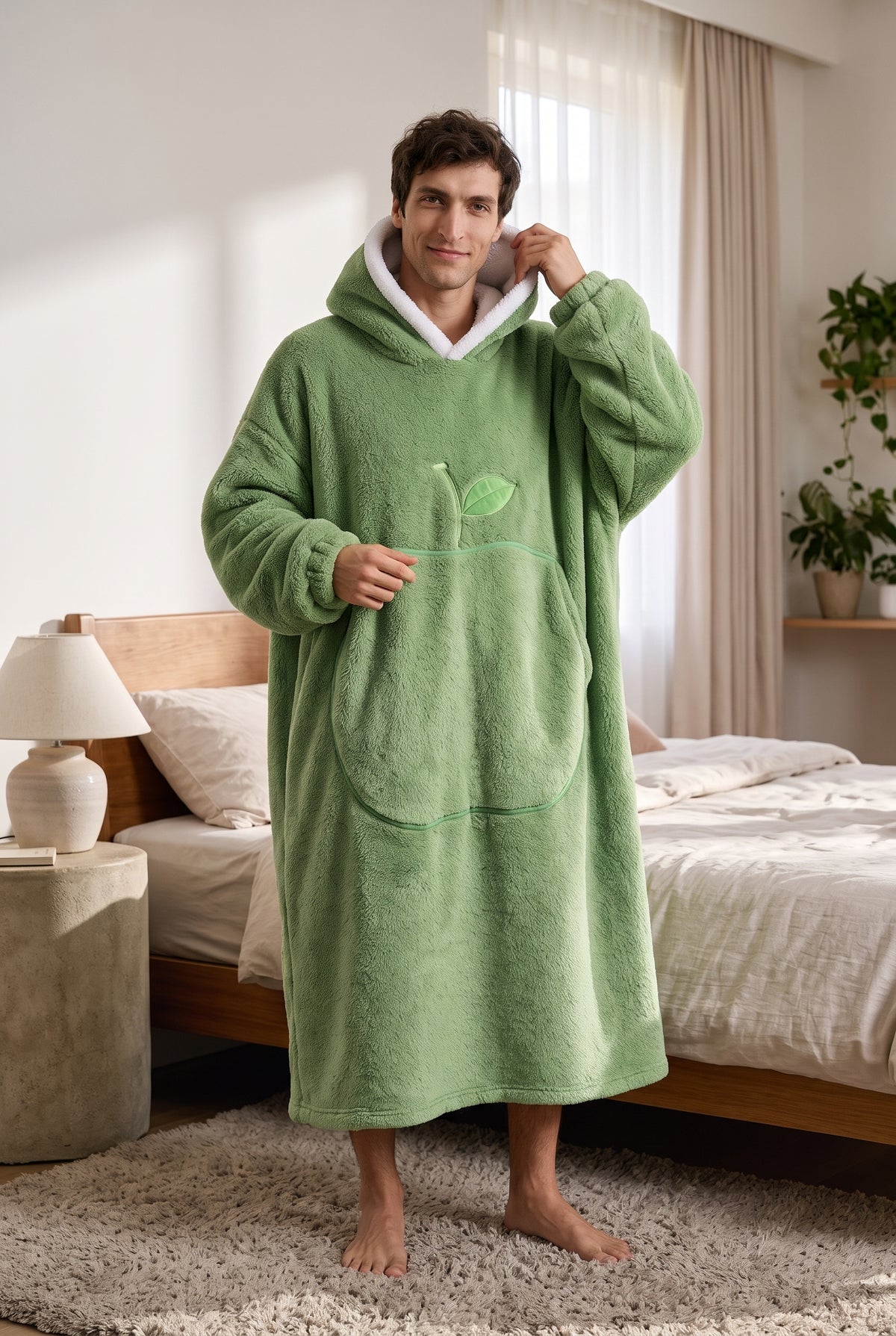 Oversized Plush Blanket Hoodie in Green — studio front