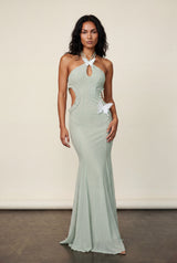 Green Pale Sage Green Mermaid Maxi Dress with Butterfly Applique - Mermaid dress - Photo 1