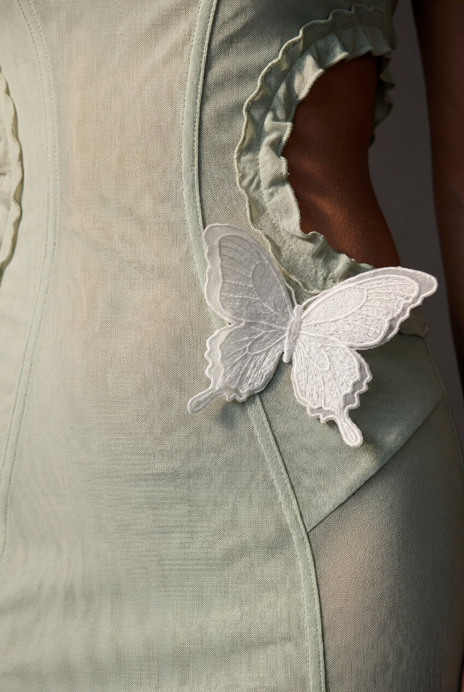 Green Pale Sage Green Mermaid Maxi Dress with Butterfly Applique - Mermaid dress - Photo 3