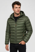 Polyester Hooded Puffer Jacket in Green — studio front