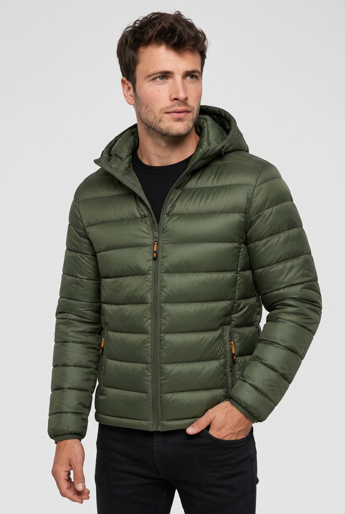 Polyester Hooded Puffer Jacket in Green — studio front