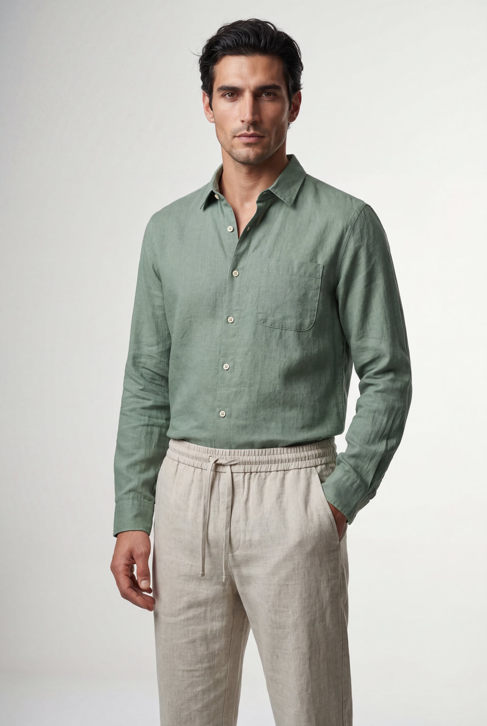 Green Relaxed Button-down Shirt and Drawstring Trouser Set - Shirt set - Photo 5