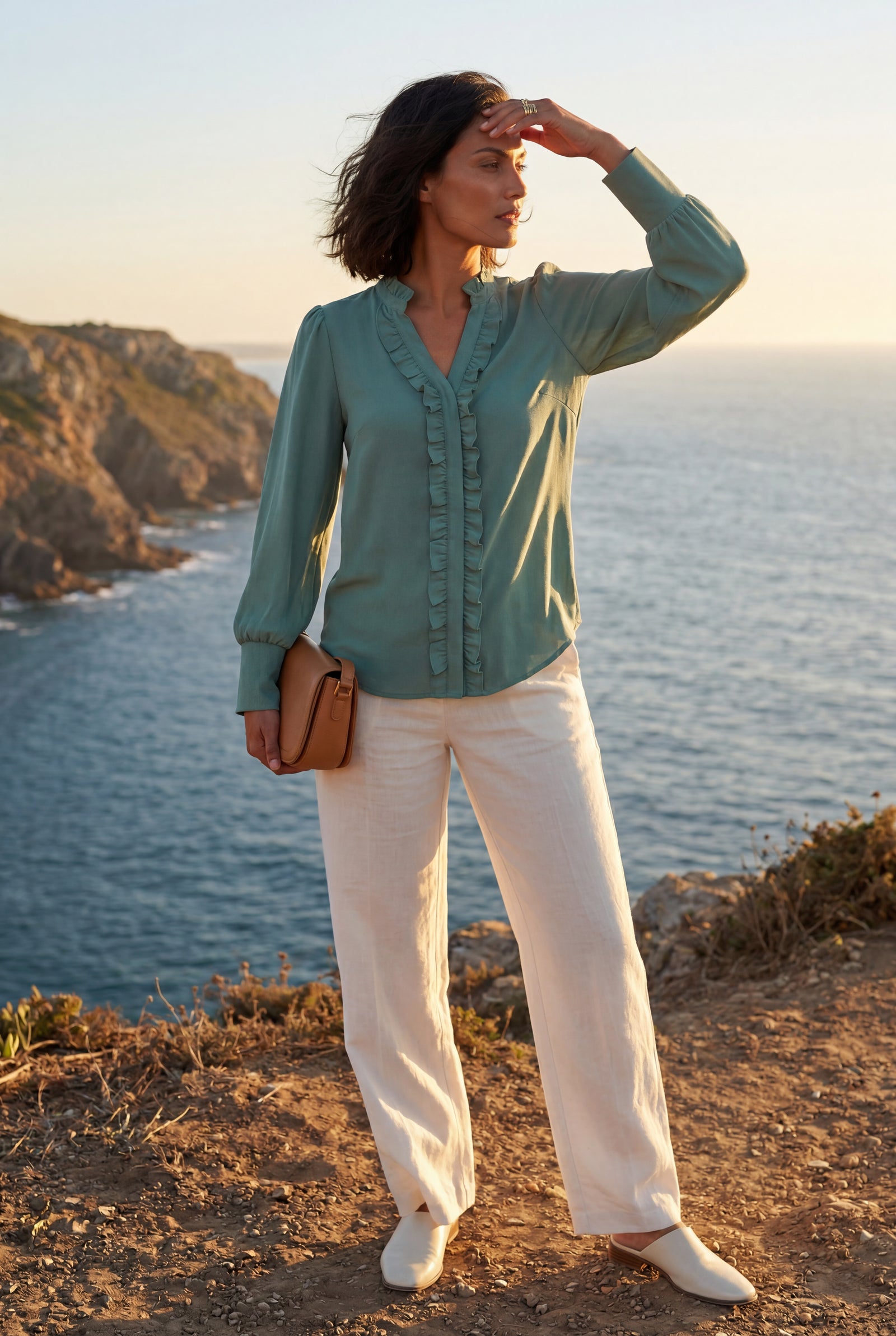 Green Ruffle Trim V-neck Long Sleeve Blouse - Blouses - Photo 6