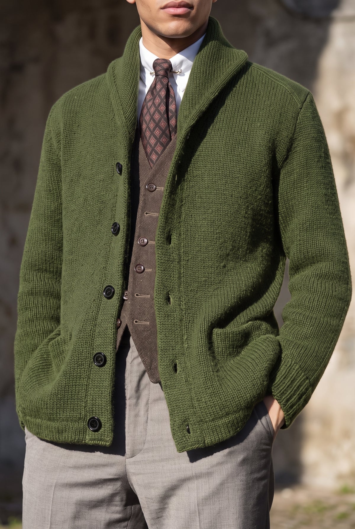 Shawl Collar Knit Cardigan in Green — studio front