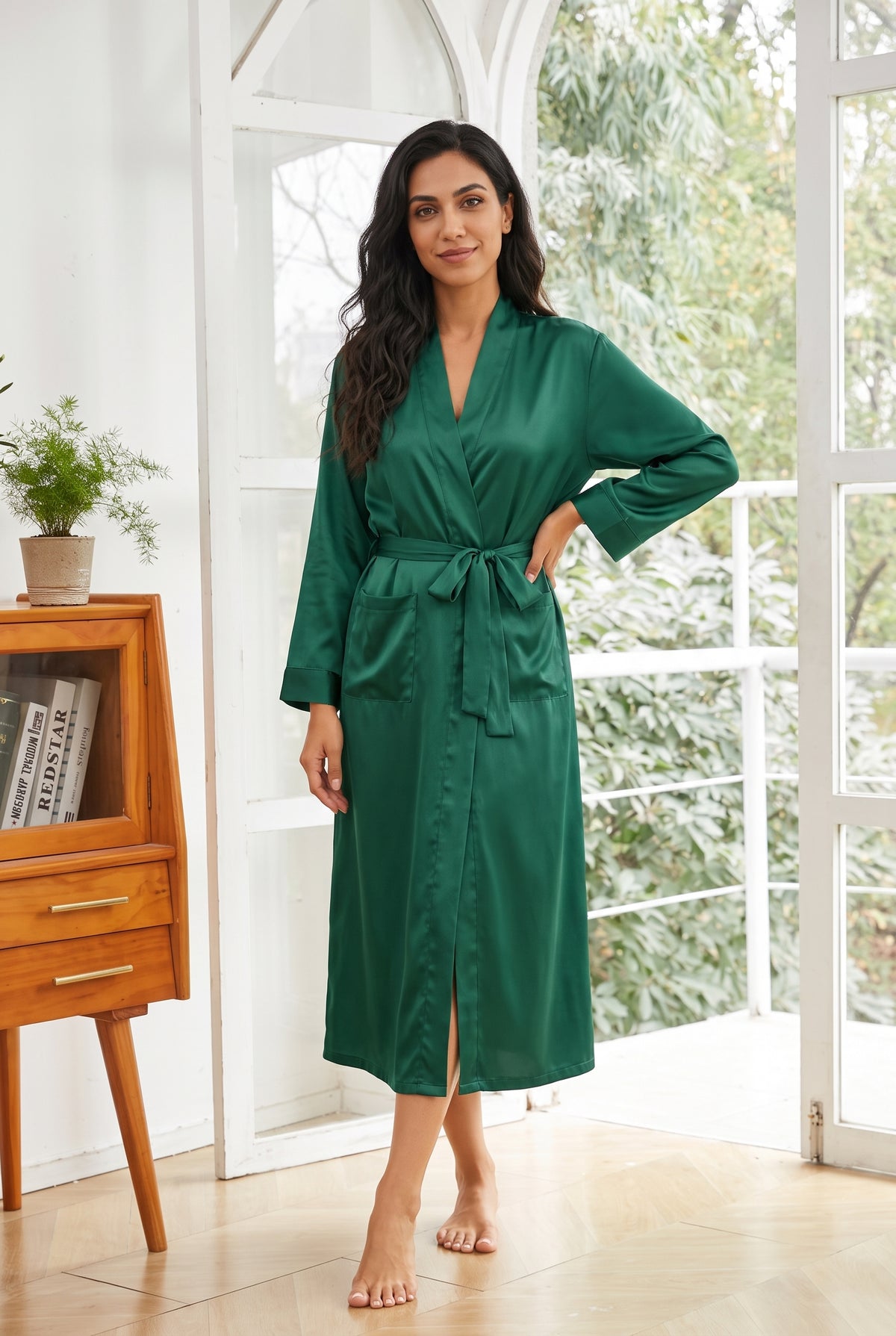Silk Wrap Robe in Green — studio front