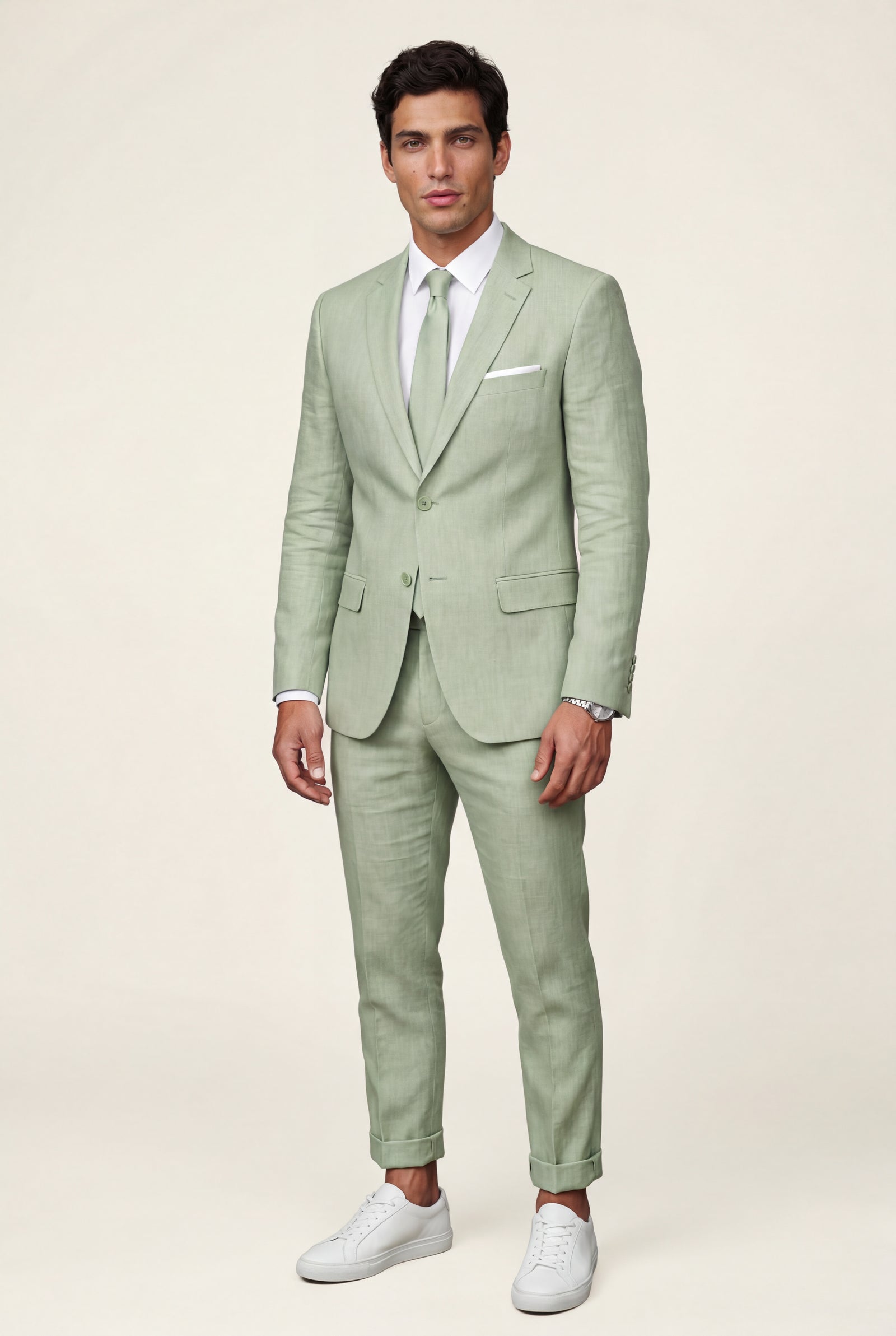 Green Slim Tailored Suit with Notch Lapel and Tapered Trousers - Linen suit - Photo 22