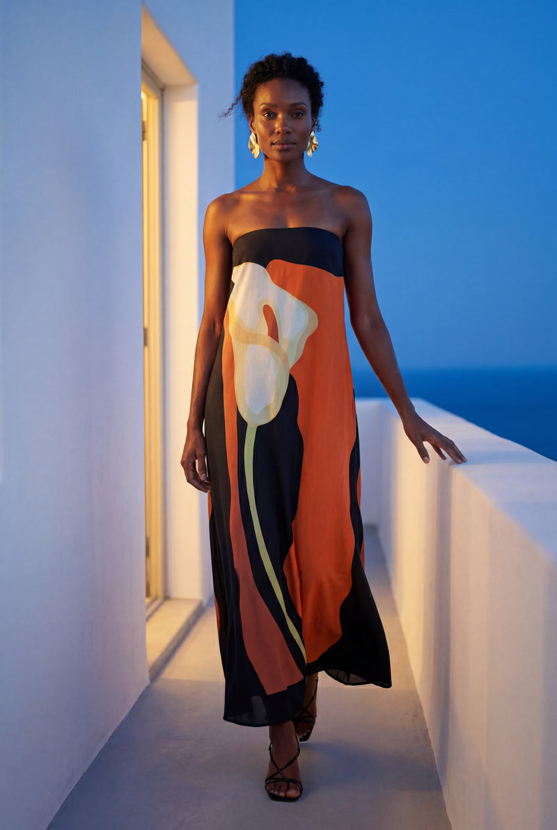 Orange Strapless Abstract Floral Print Maxi Dress - Photo 3