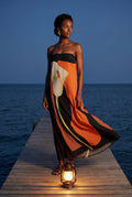 Orange Strapless Abstract Floral Print Maxi Dress - Photo 7