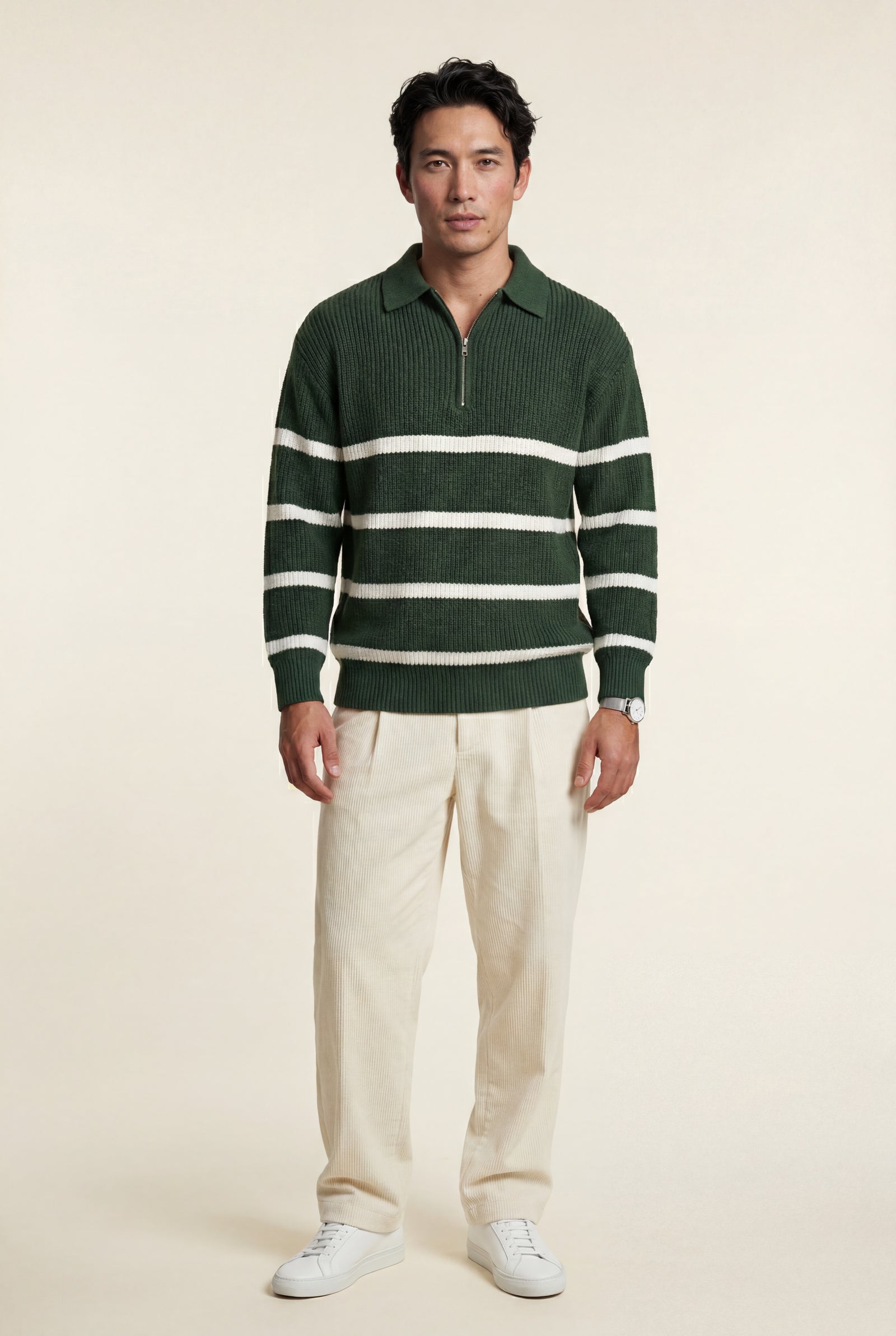 Green Striped Half-zip Sweater with Collared Neckline - Knit sweaters - Photo 1