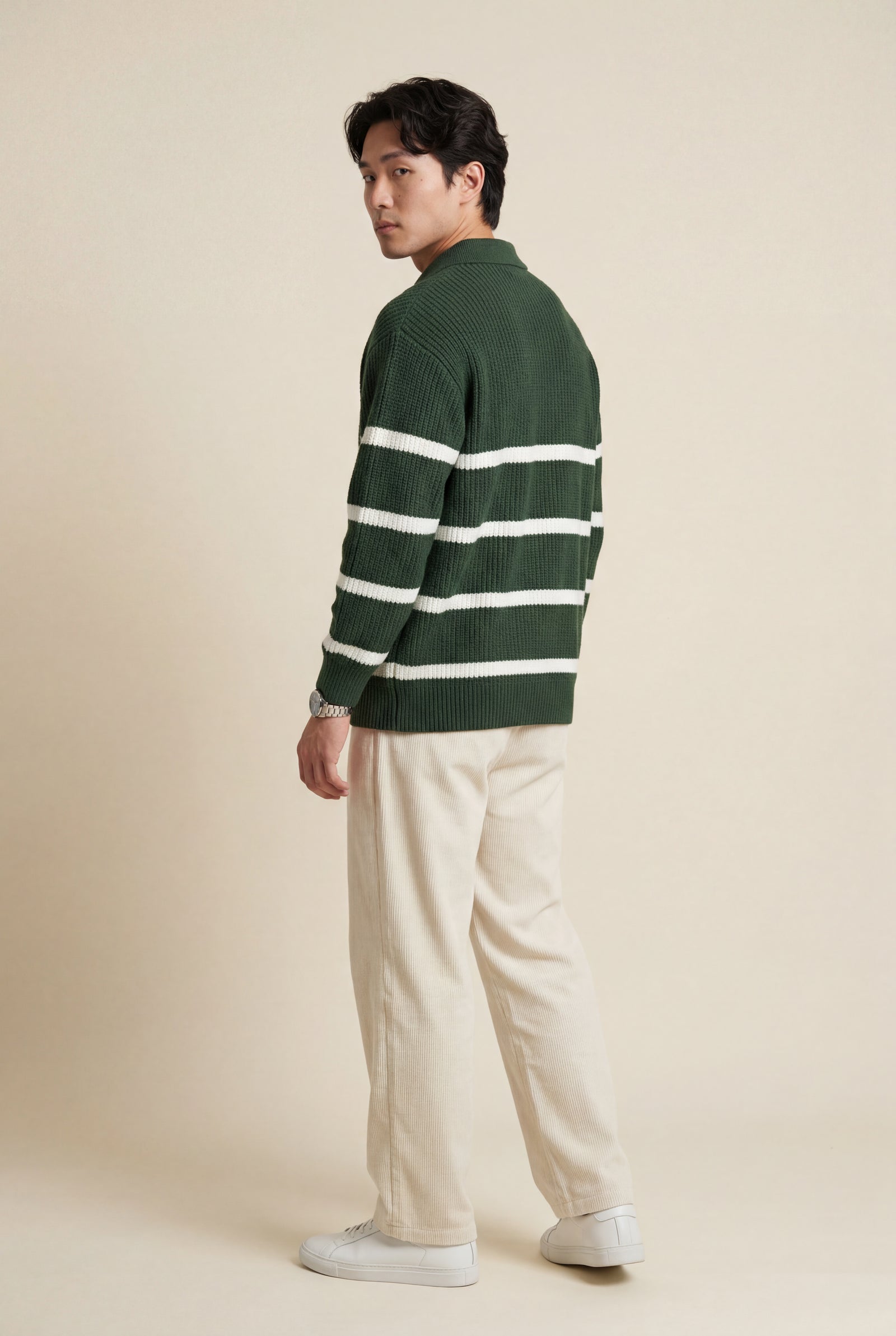 Green Striped Half-zip Sweater with Collared Neckline - Knit sweaters - Photo 3
