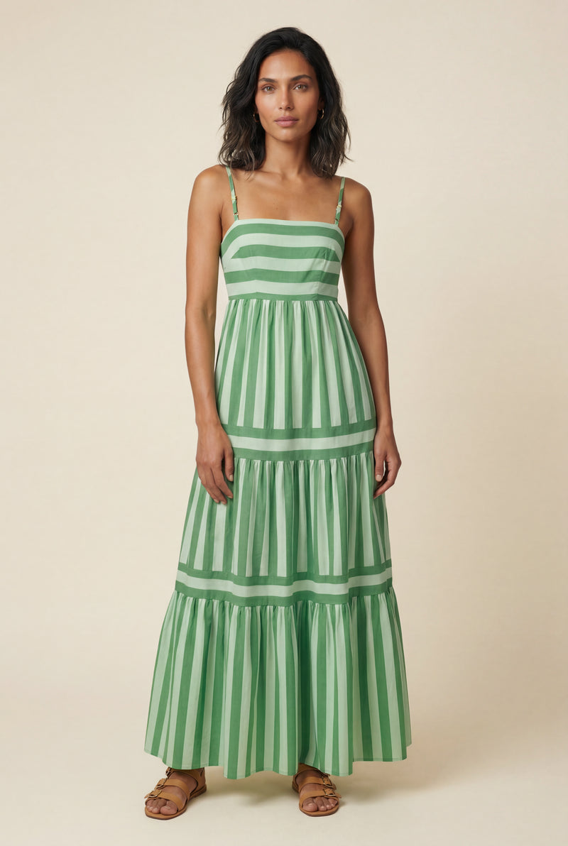 Green Striped Tiered Maxi Dress with Spaghetti Straps - Photo 1