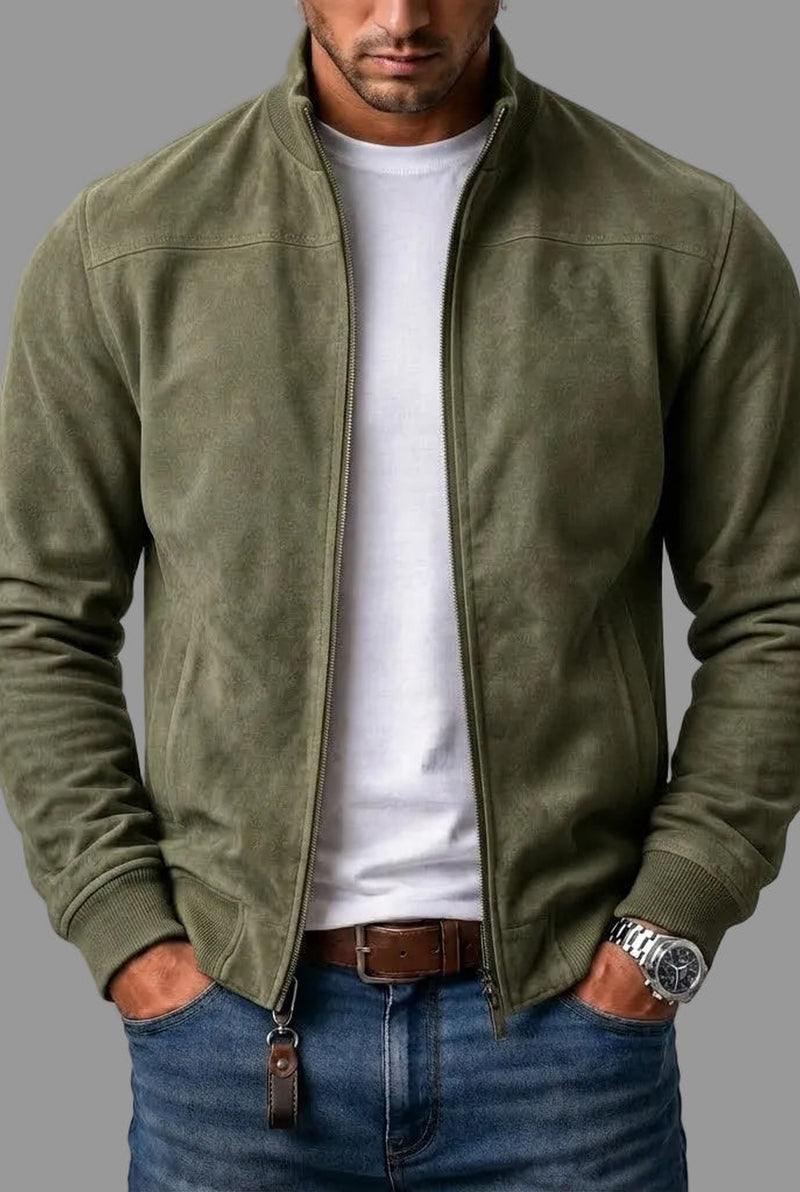 Suede Bomber Jacket in Green — front view