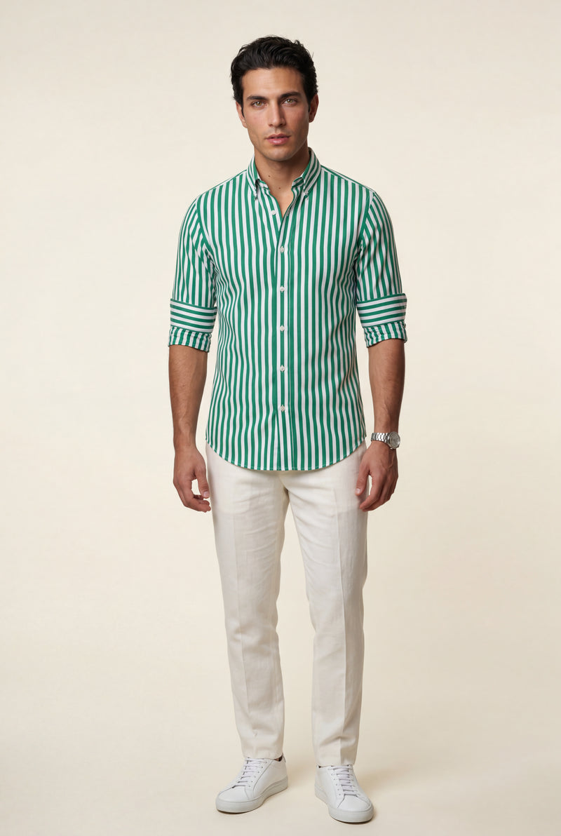 Green Tailored Vertical Stripe Button-down Dress Shirt - Dress Shirts - Photo 1