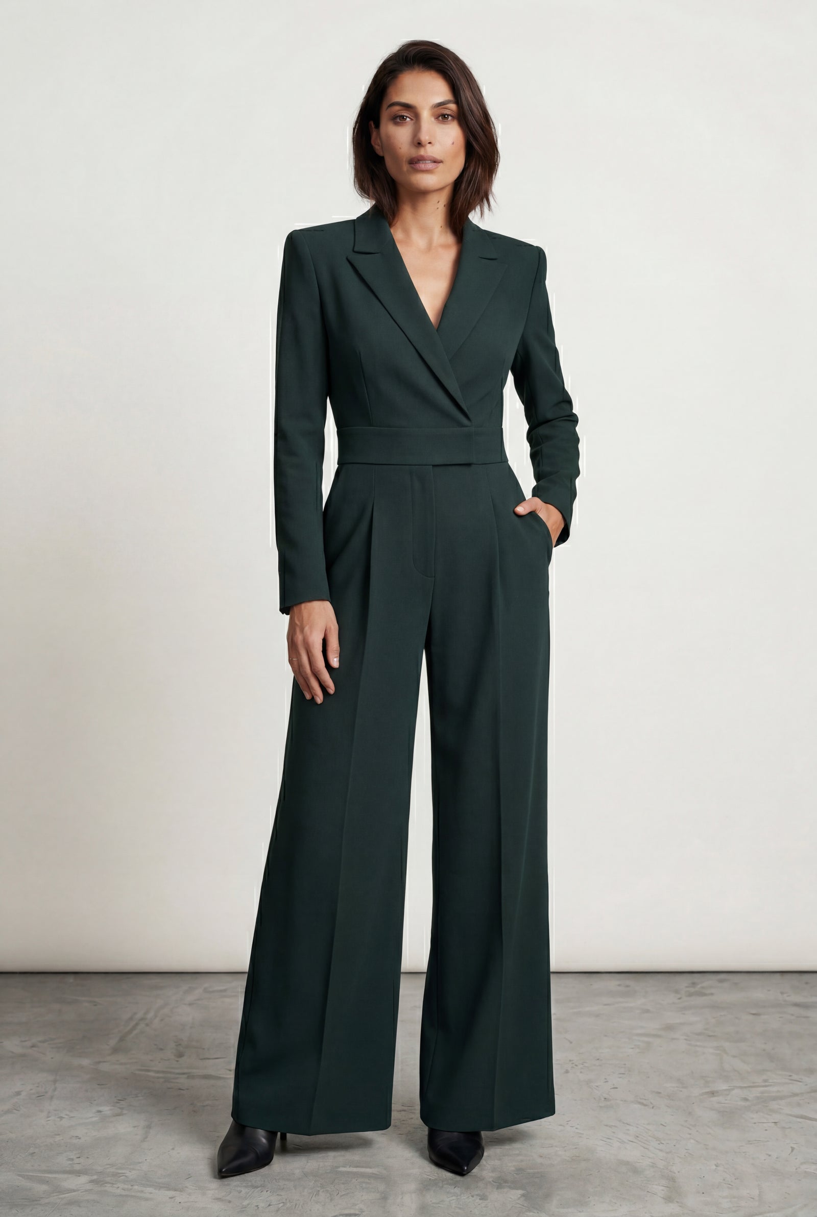 Green Tailored Wide-leg Blazer Jumpsuit with Lapel Neckline - Wide leg jumpsuit - Photo 3