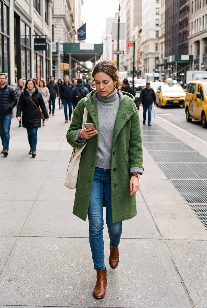 Women's Hooded Coat Relaxed Fit in Green — weekend candid