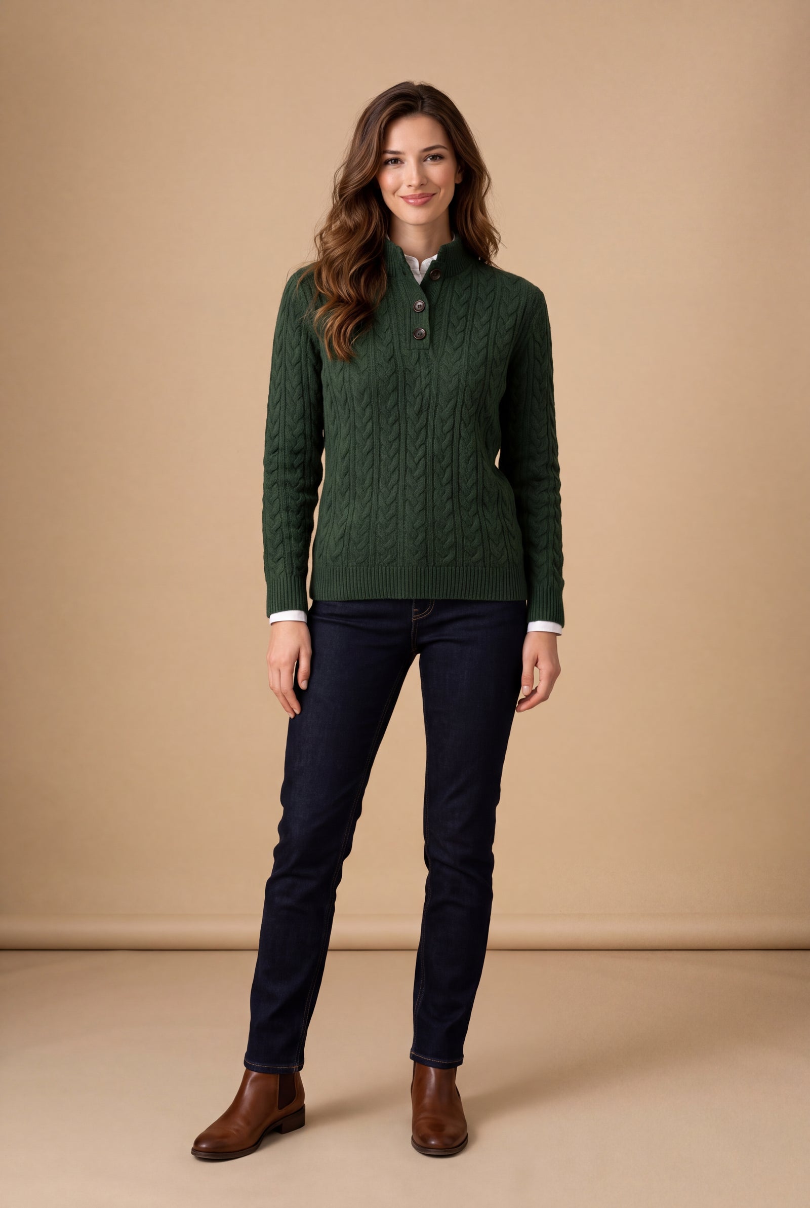 Women's Pullover Cable Knit Stand Collar in Green — studio