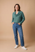Women's Pullover Shawl Collar Waffle Knit in Green — studio front