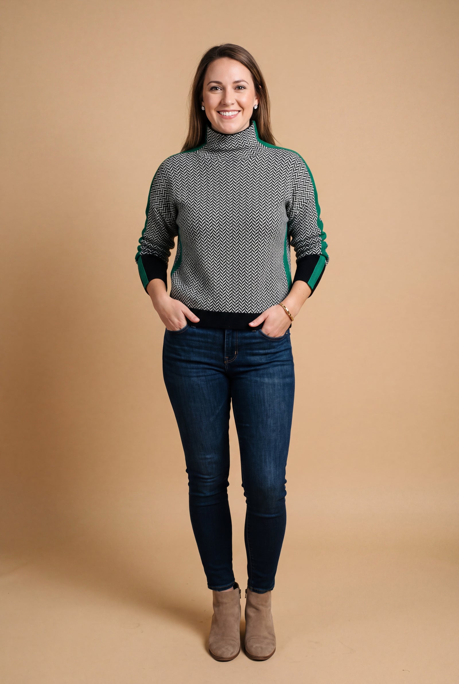 Women's Sweater Contrast Stripe Mock Neck in Green — studio front