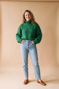 Women's Sweater High Neck Extra Long Sleeve in Green — studio front full body