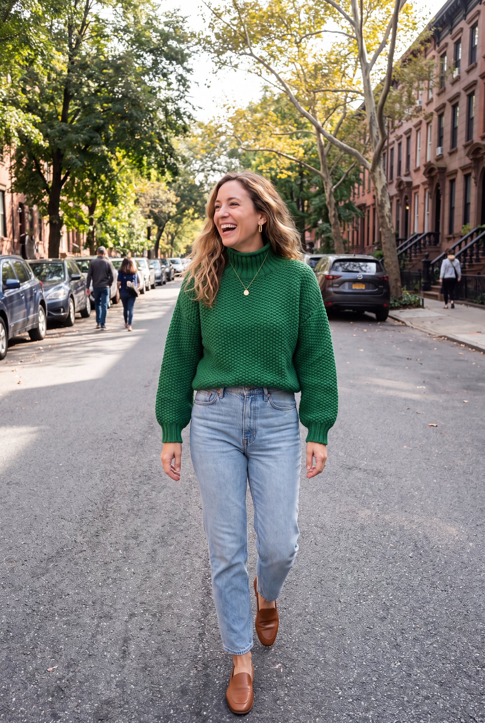 Women's Sweater High Neck Extra Long Sleeve in Green — ugc candid snapshot