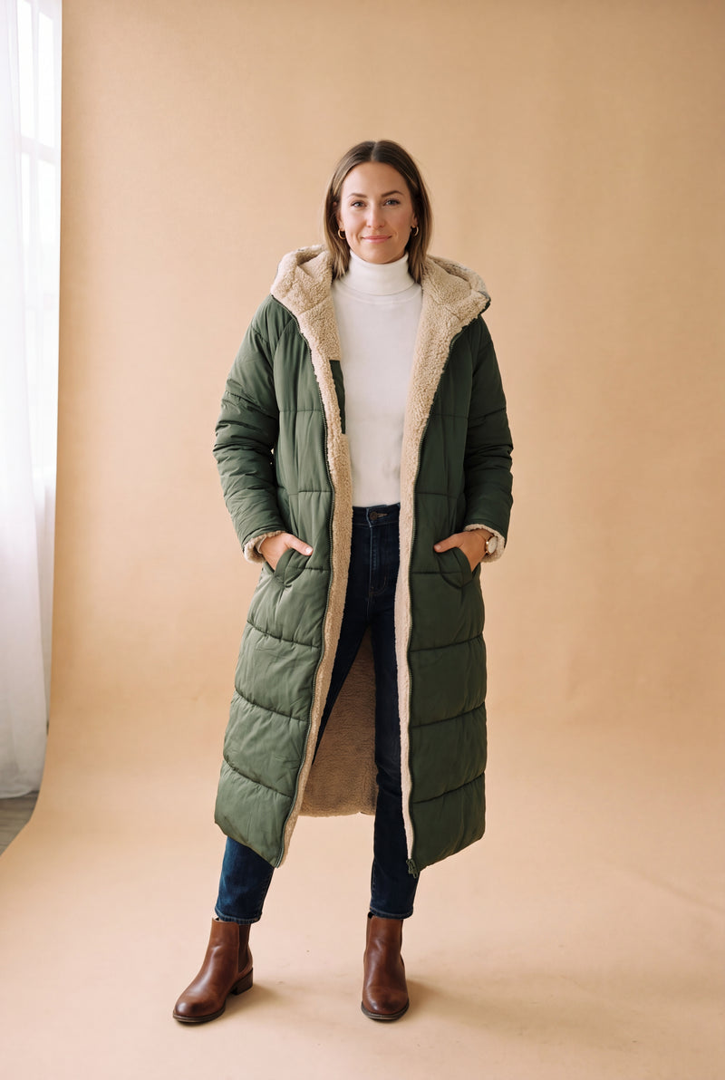 Women's Winter Jacket Long Silhouette in Green — studio primary