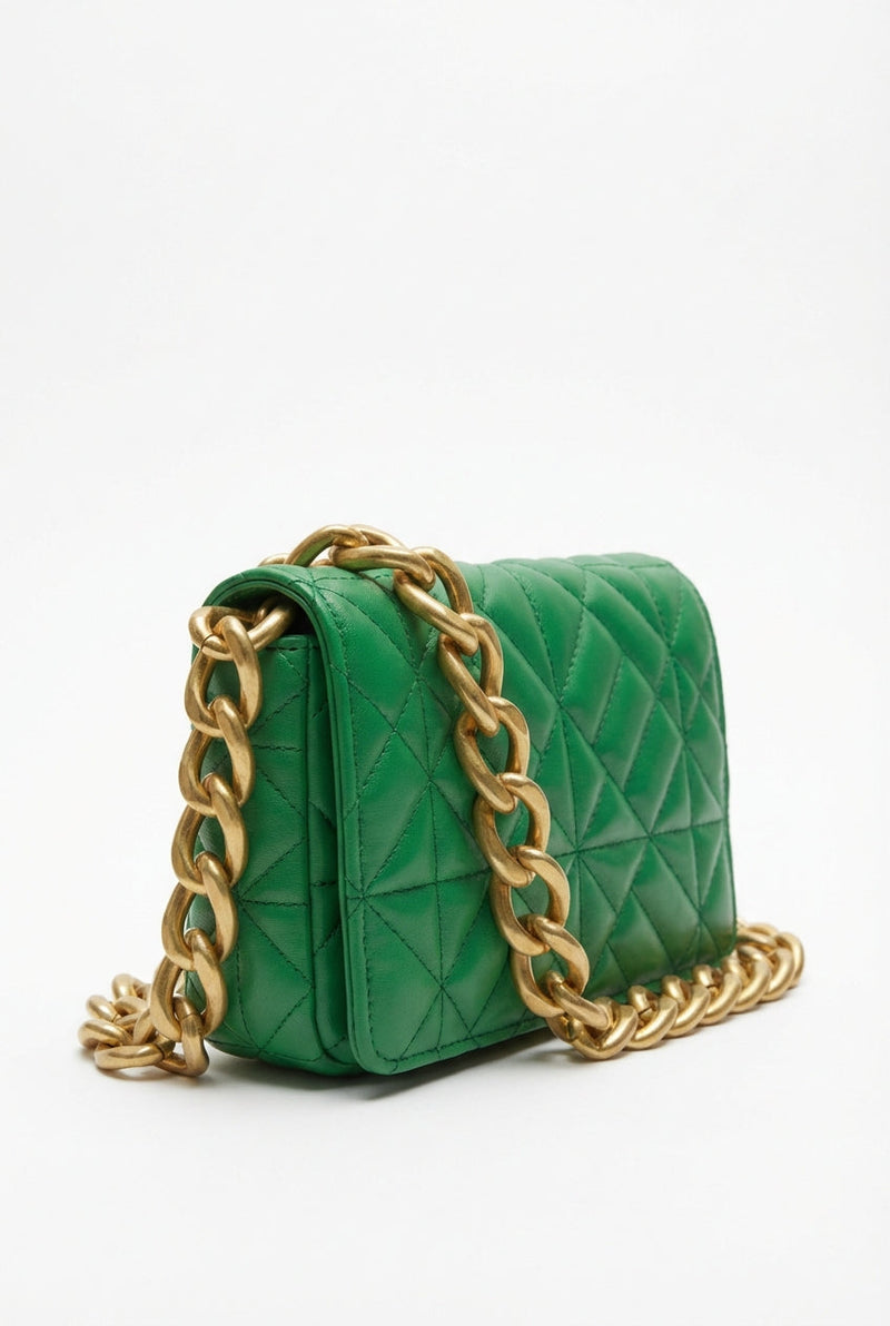 Green Women's Green Quilted Mini Shoulder Bag with Gold Chain - Shoulder bags - Photo 1