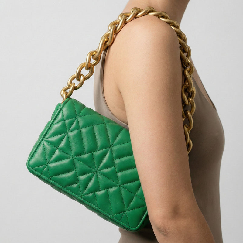 Green Women's Green Quilted Mini Shoulder Bag with Gold Chain - Shoulder bags - Photo 2