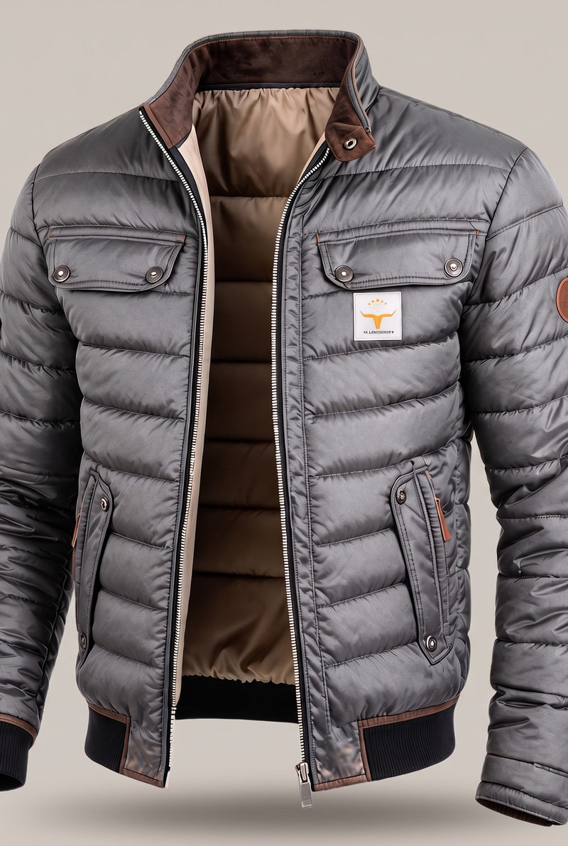 Stand Collar Puffer Jacket in Grey — front view