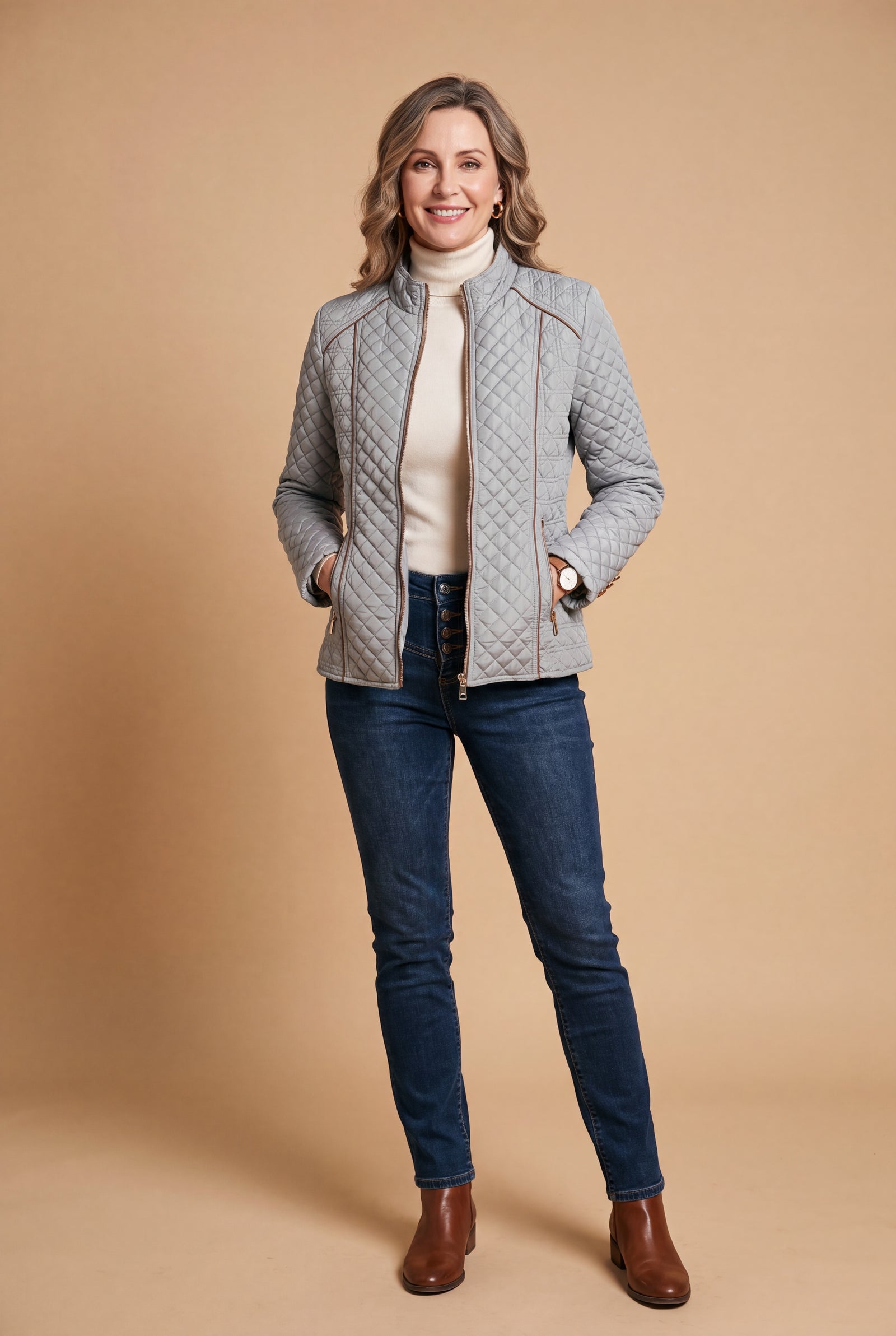 Women's Quilted Jacket Stand Collar in Grey — studio full body