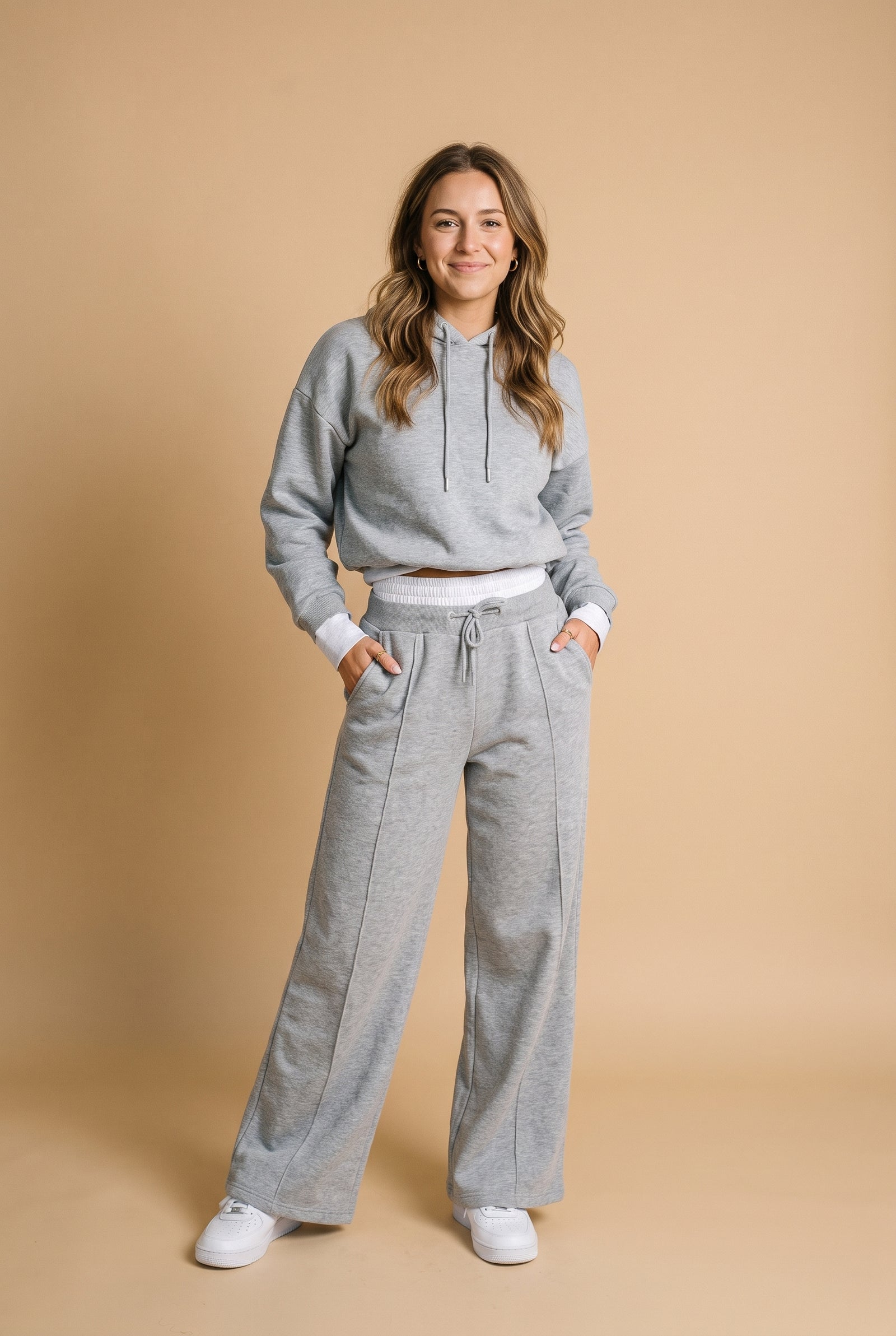 Women's Two-Piece Hoodie Relaxed Fit in Grey — studio front