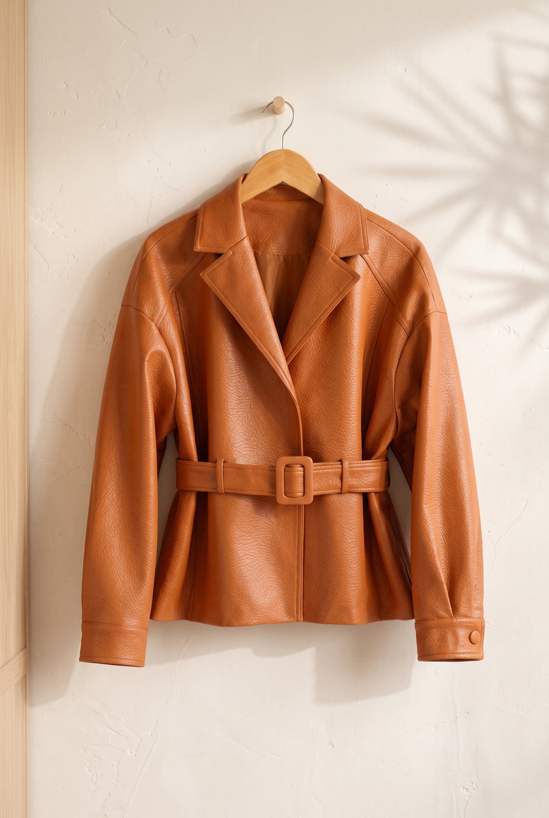 Sheepskin Belted Jacket in Orange — studio front