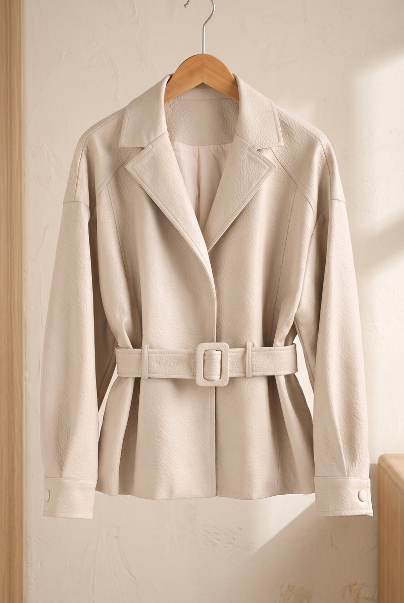 Sheepskin Belted Jacket in Cream — studio front