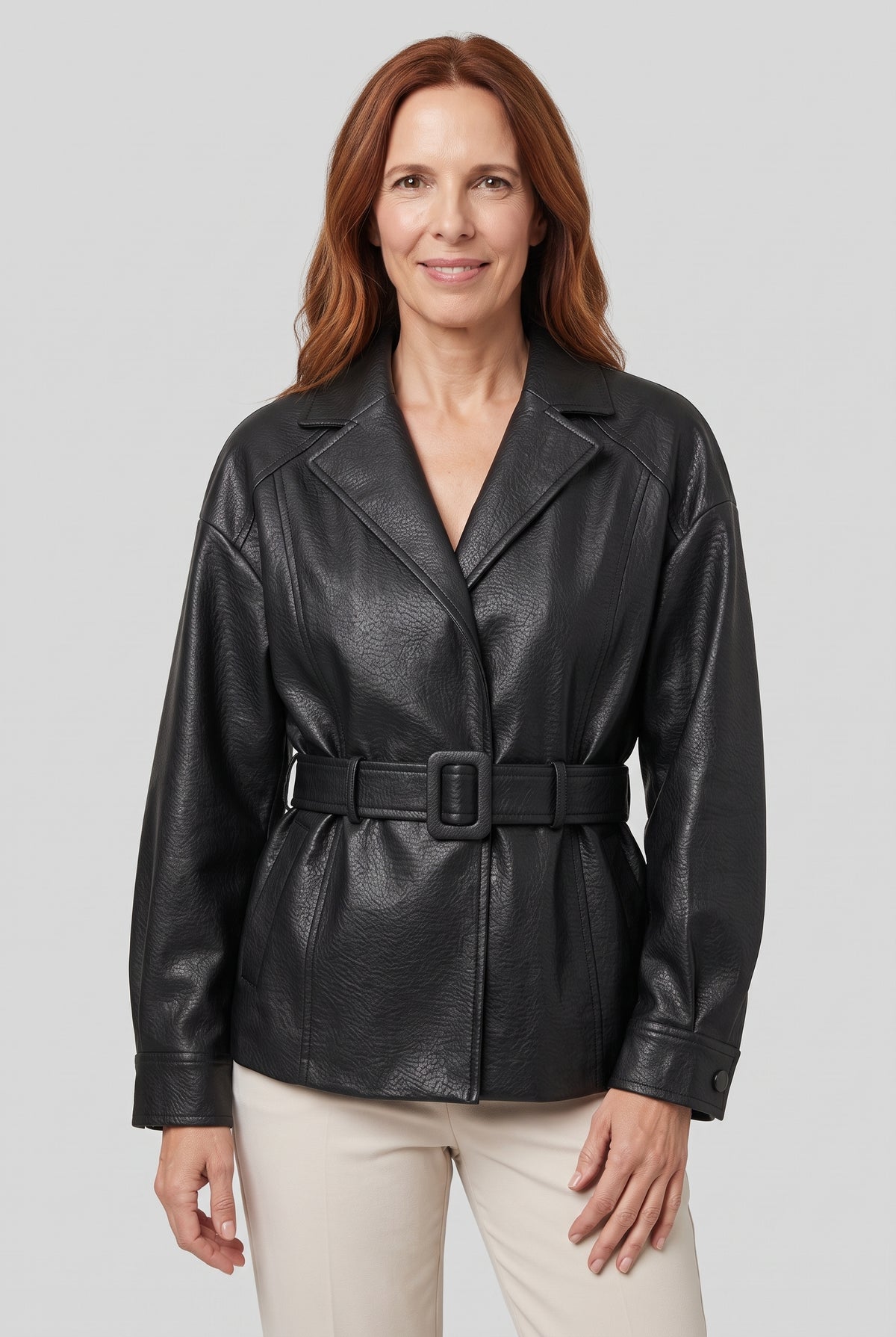 Sheepskin Belted Jacket in Black — studio front