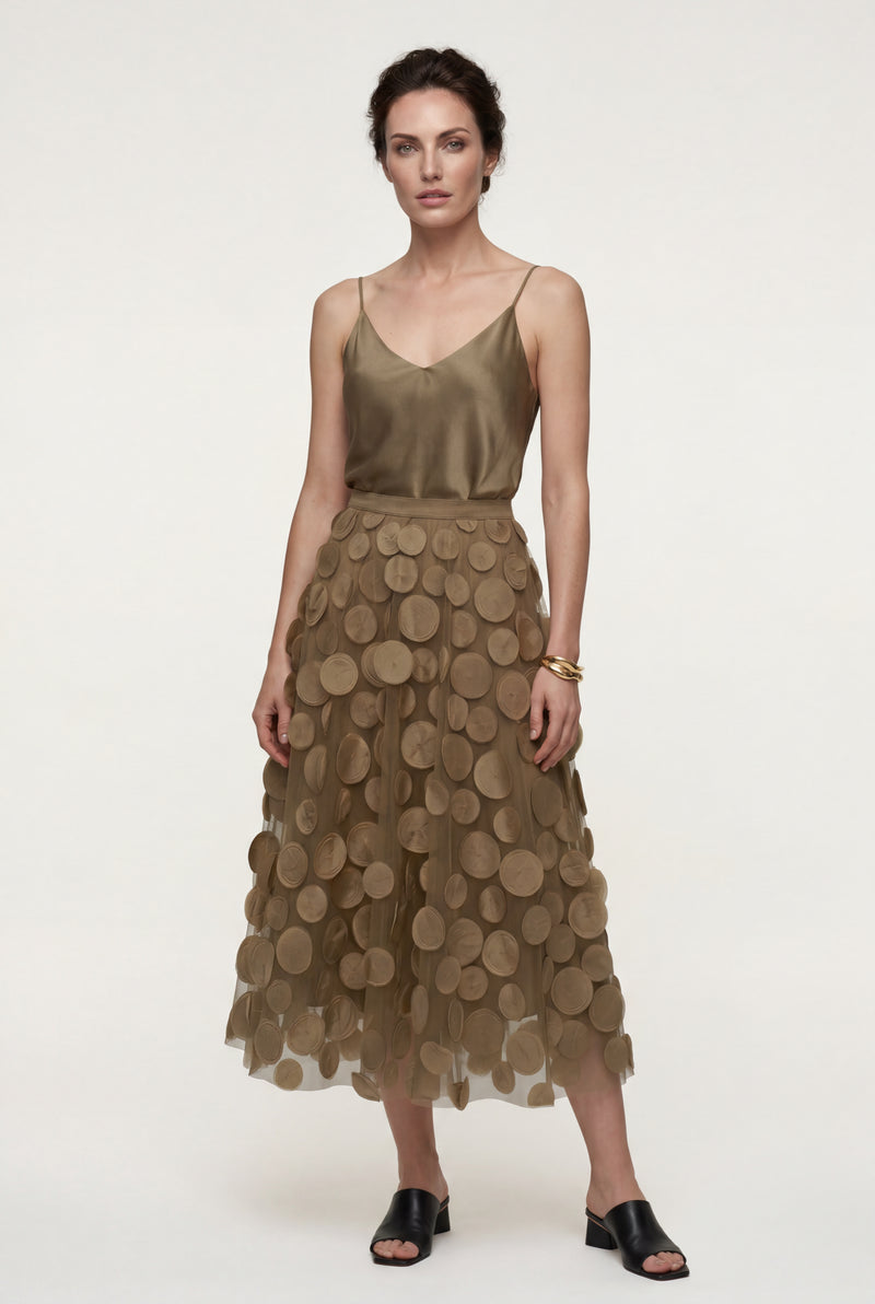 Khaki 3d Polka Dot Applique A-line Midi Skirt - Tulle skirt - Photo 4