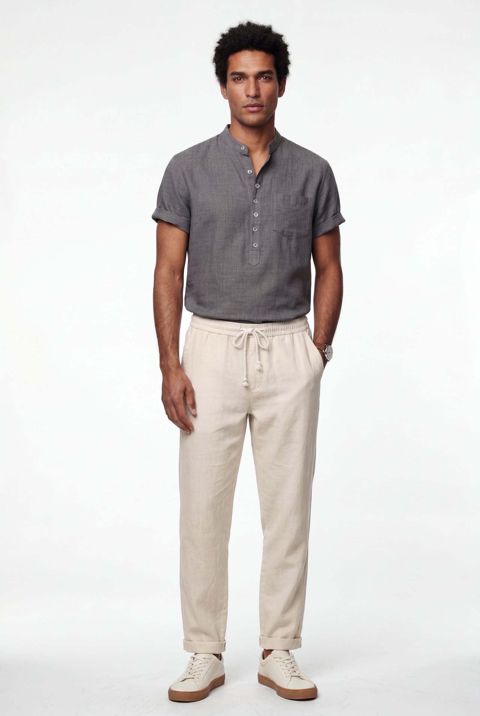 Gray Band Collar Shirt and Drawstring Trouser Casual Set - Photo 1