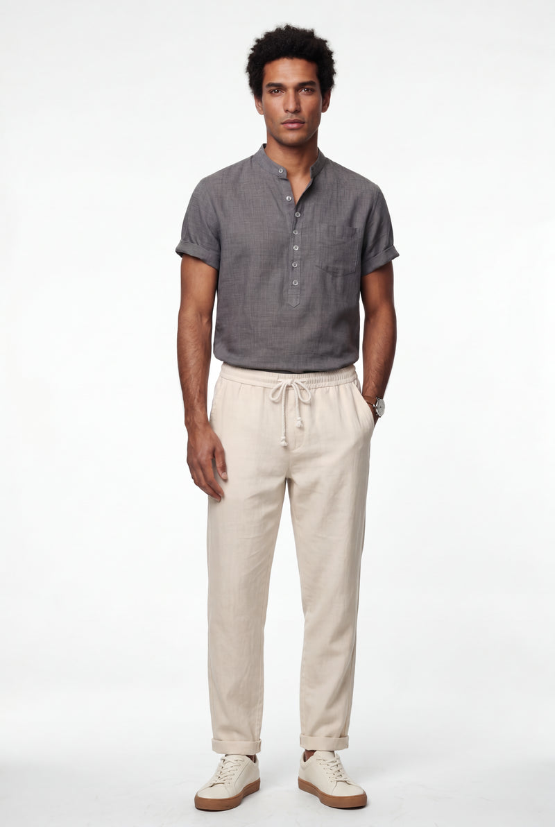 Gray Band Collar Shirt and Drawstring Trouser Casual Set - Photo 1