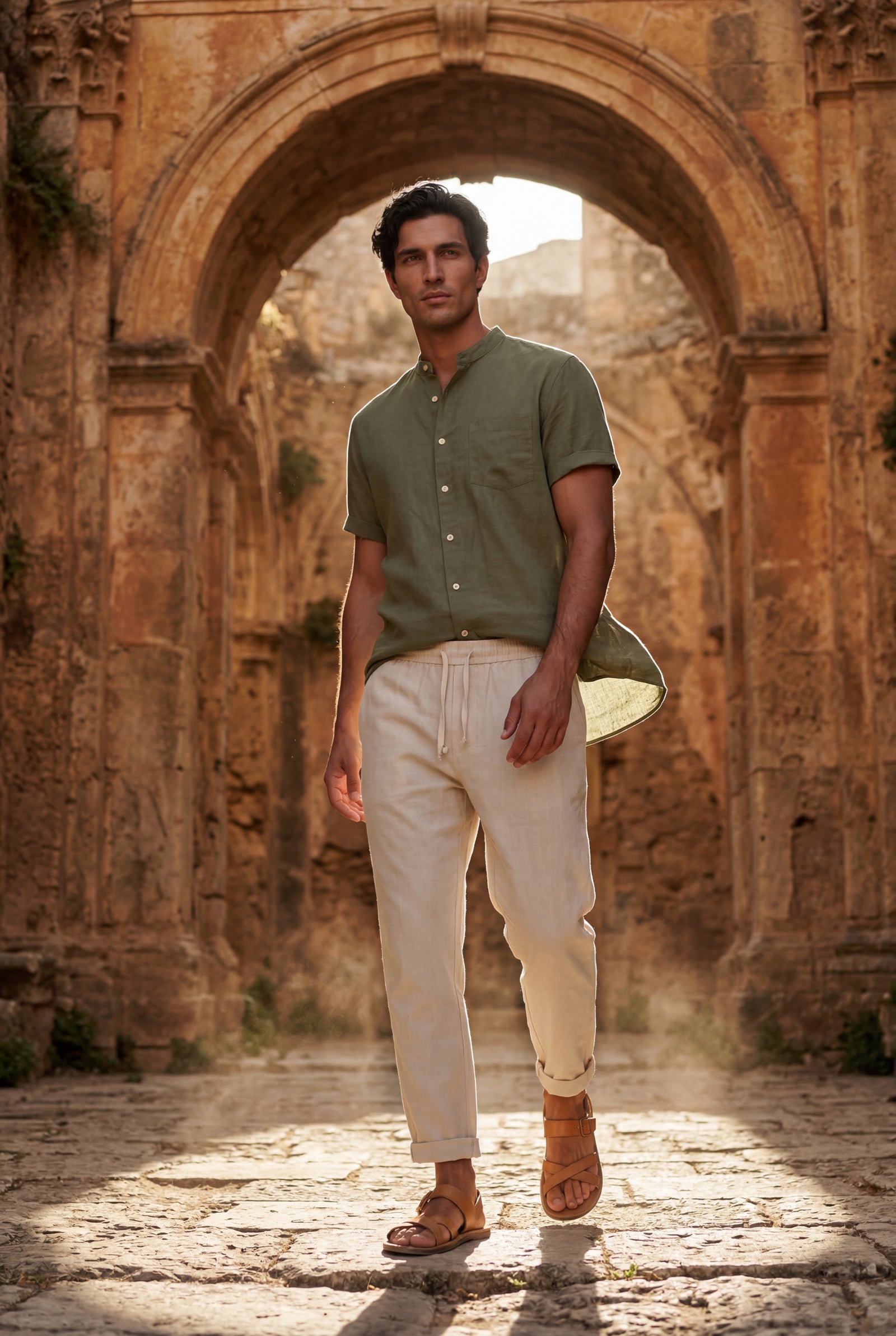 Olive Band Collar Shirt and Drawstring Trouser Casual Set - Photo 15