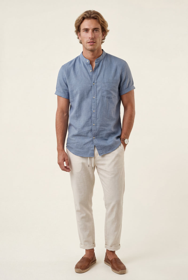 Blue Band Collar Shirt and Drawstring Trouser Casual Set - Photo 2