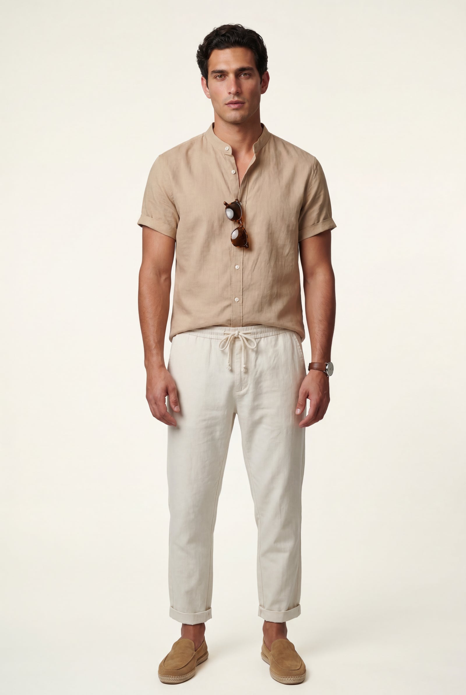 Khaki Band Collar Shirt and Drawstring Trouser Casual Set - Photo 3