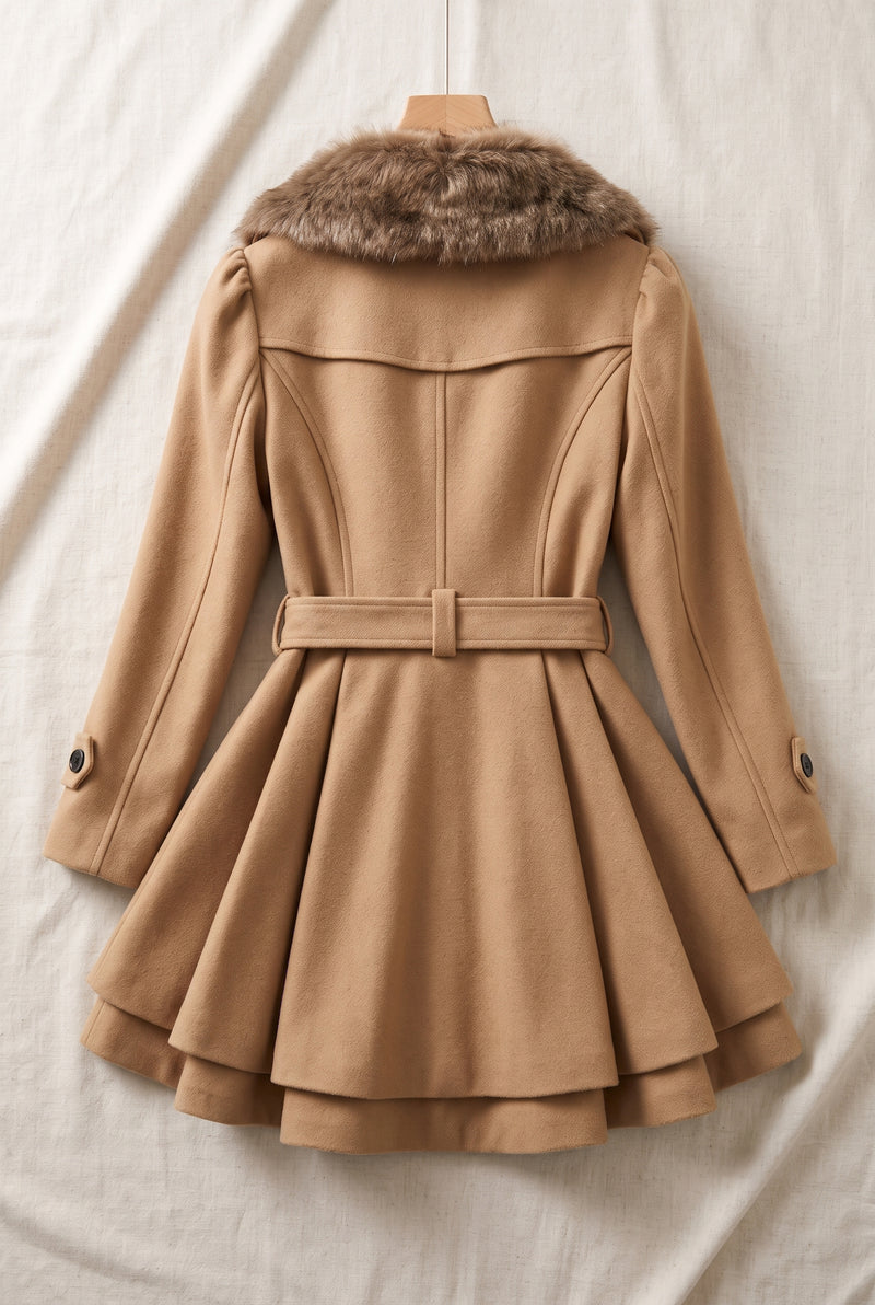 Belted Faux-Fur Collar Coat in Khaki — studio angle