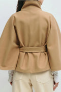 Belted High-Neck Cape Coat in Khaki — back