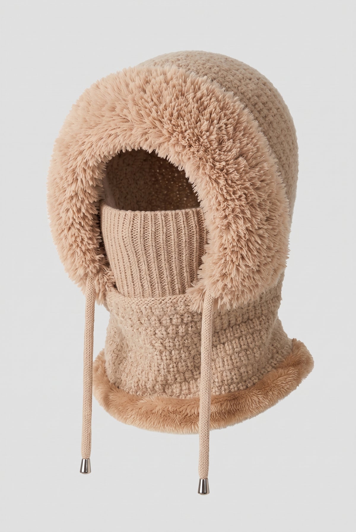 Boucle Knit Hooded Balaclava in Khaki — studio front