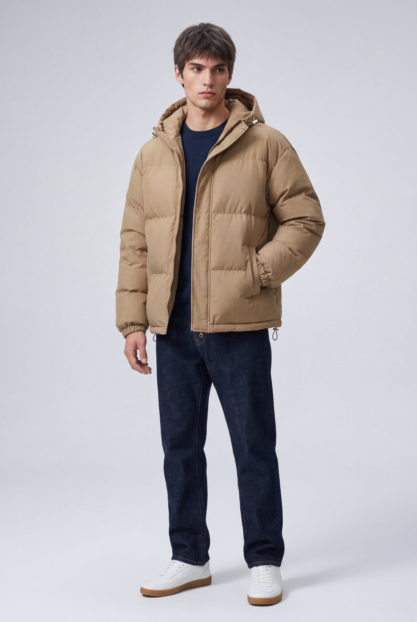 Khaki Boxy Hooded Puffer Jacket with High Neck - Hooded jackets - Photo 4